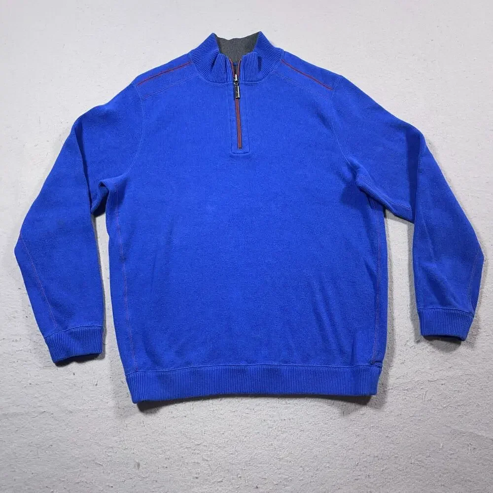 Tommy Bahama Sweatshirt Men Medium Gray Blue Reversible Pullover Preppy Casual‎